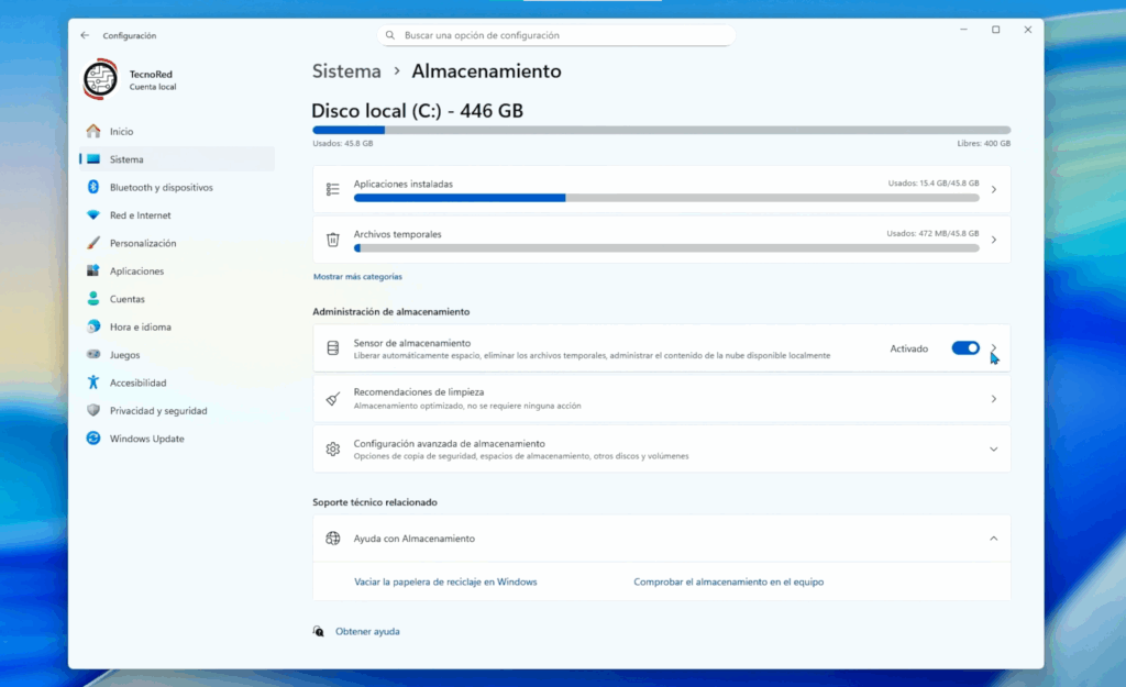 Activa el Sensor de almacenamiento