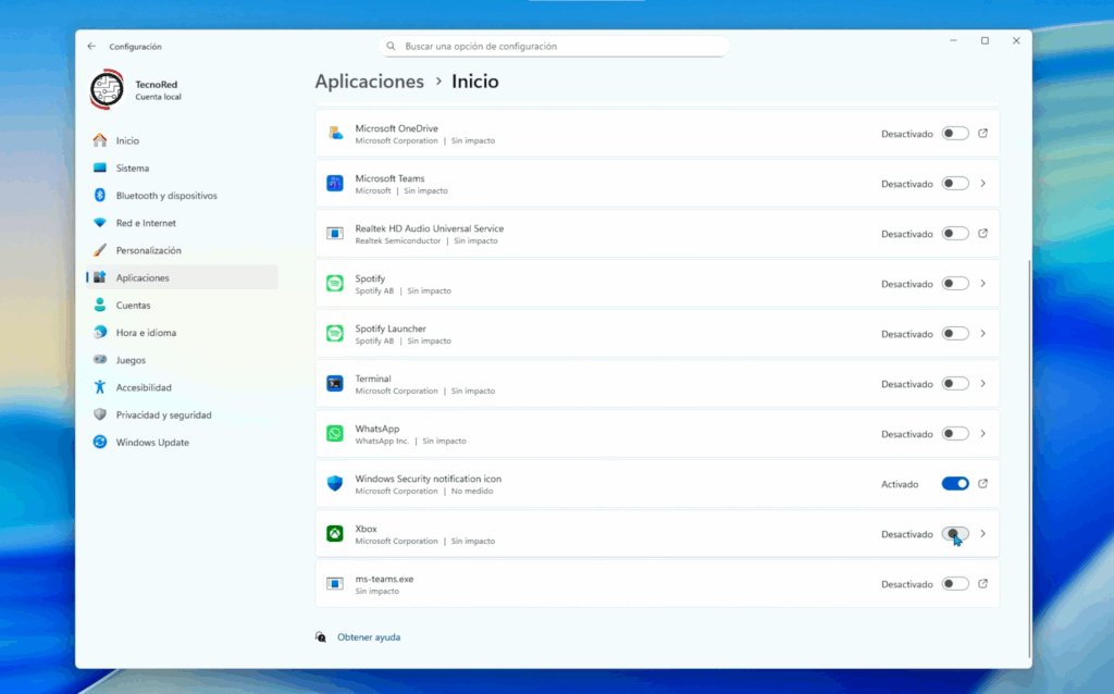 Desactiva aplicaciones del inicio