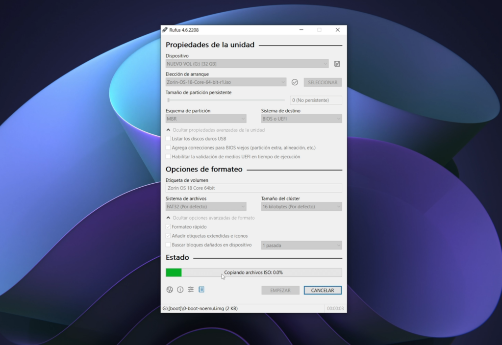 Configuración en Rufus