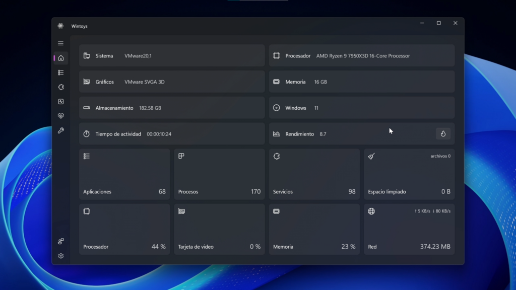Vista general del panel principal