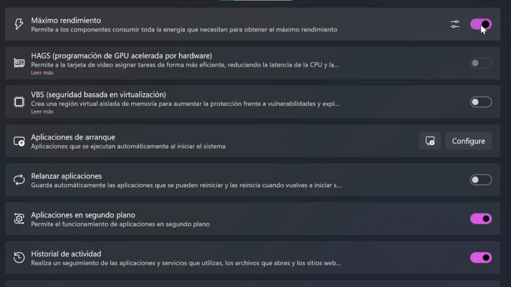 Sección Rendimiento: la más potente