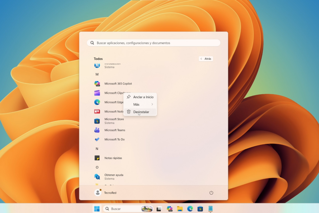 Paso 5: Eliminar la app desde el Menú Inicio (opcional, pero recomendado)