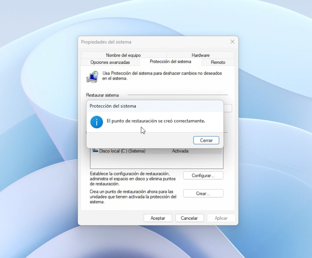 Paso 1: Crear un punto de restauración