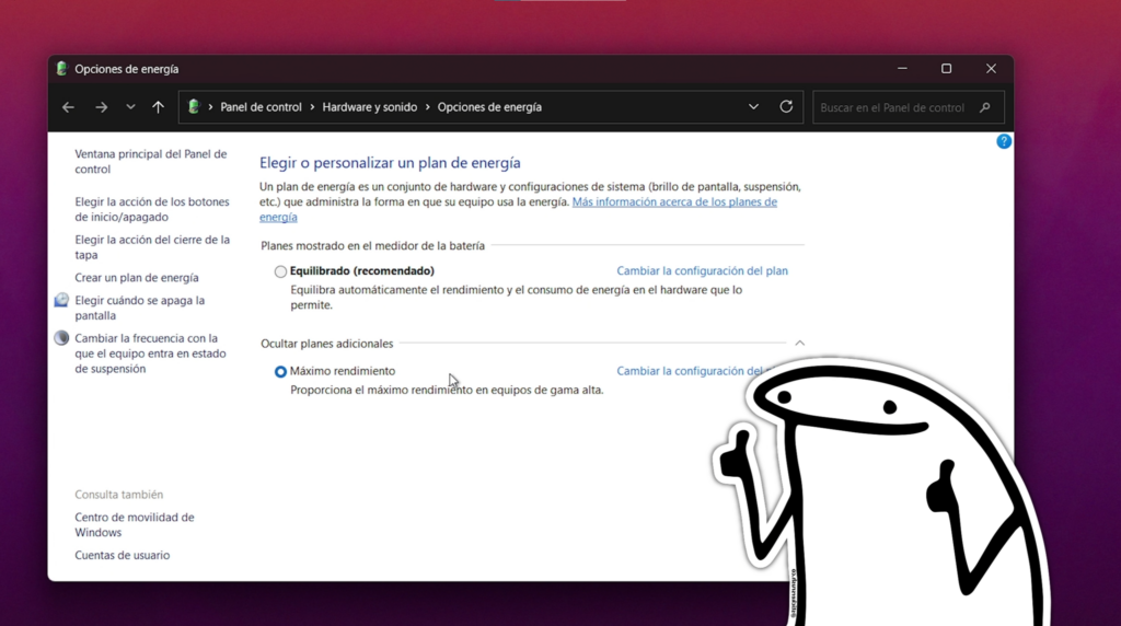 2. Cambia al Plan de Energía “Máximo Rendimiento”