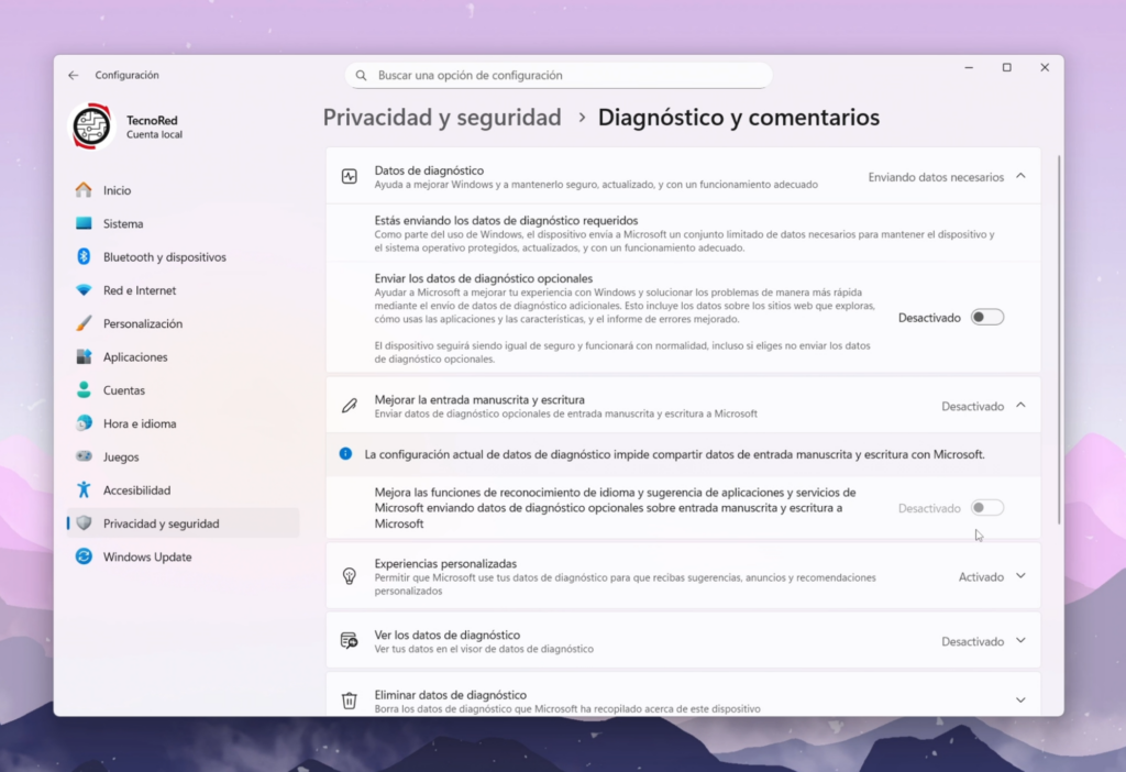 Desactiva la Entrada Manuscrita y Escritura