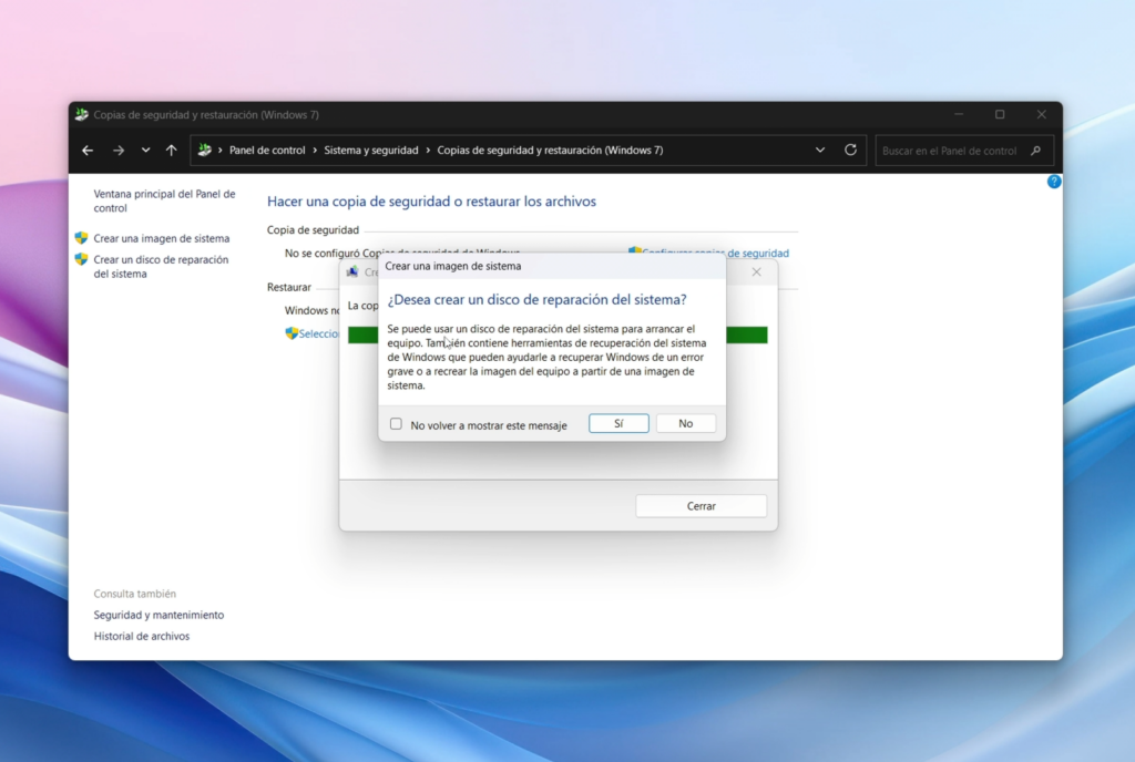 Windows puede sugerirte crear un disco de reparación
