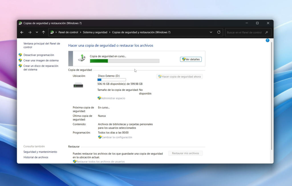 Guardar configuración y ejecutar copia