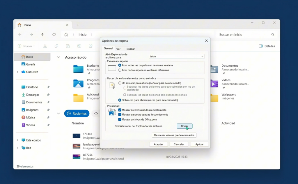 Borrar historial del Explorador de archivos