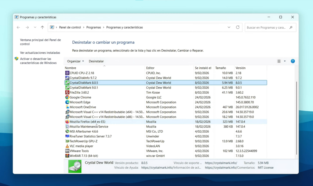 Programas y características: desinstalador más completo