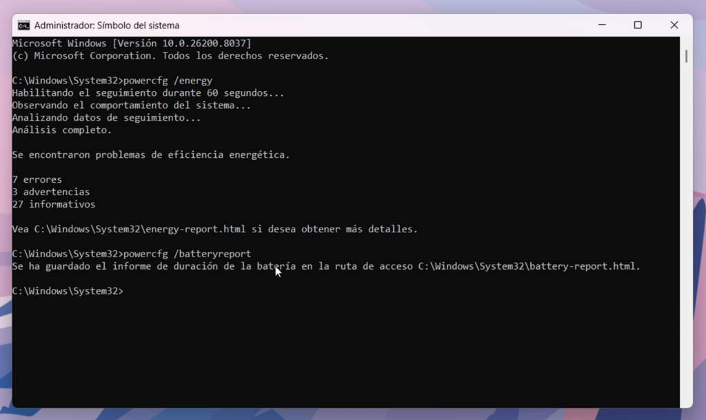 POWERCFG /BATTERYREPORT: ver la salud de la batería
