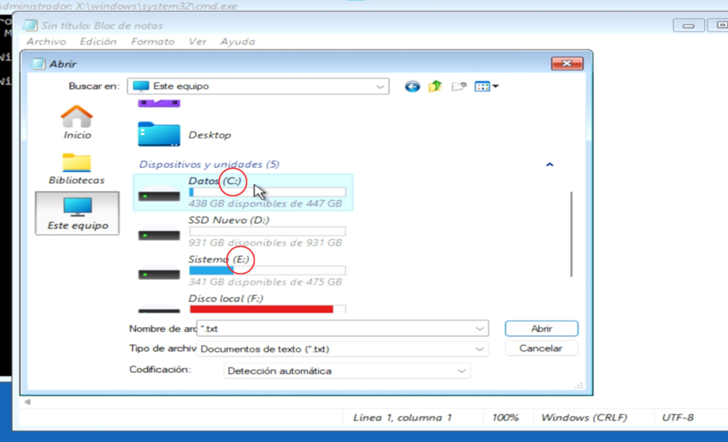 Paso 2: Confirmar las letras de unidad con Bloc de notas
