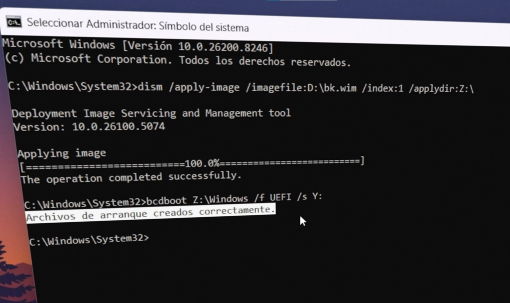 Paso 8: Crear los archivos de arranque con BCDBOOT