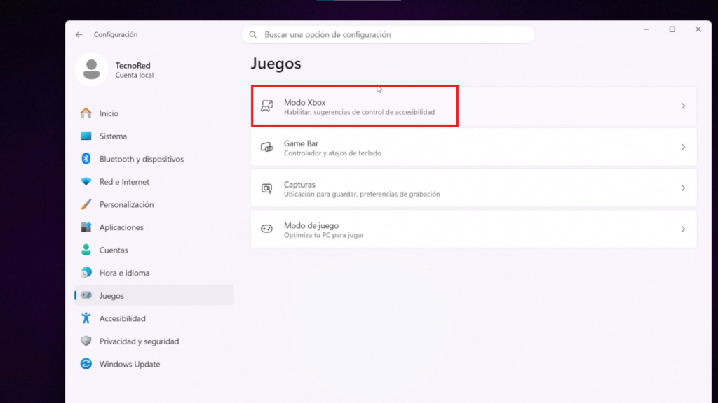 Dónde debería aparecer el Modo Xbox