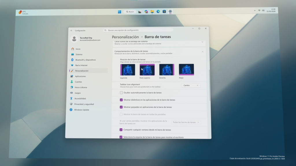 Windows 11 ya permite mover la barra de tareas a diferentes posiciones