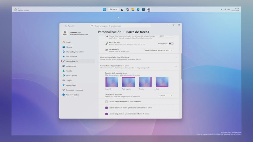 Cómo se comporta Windows 11 cuando la barra está arriba