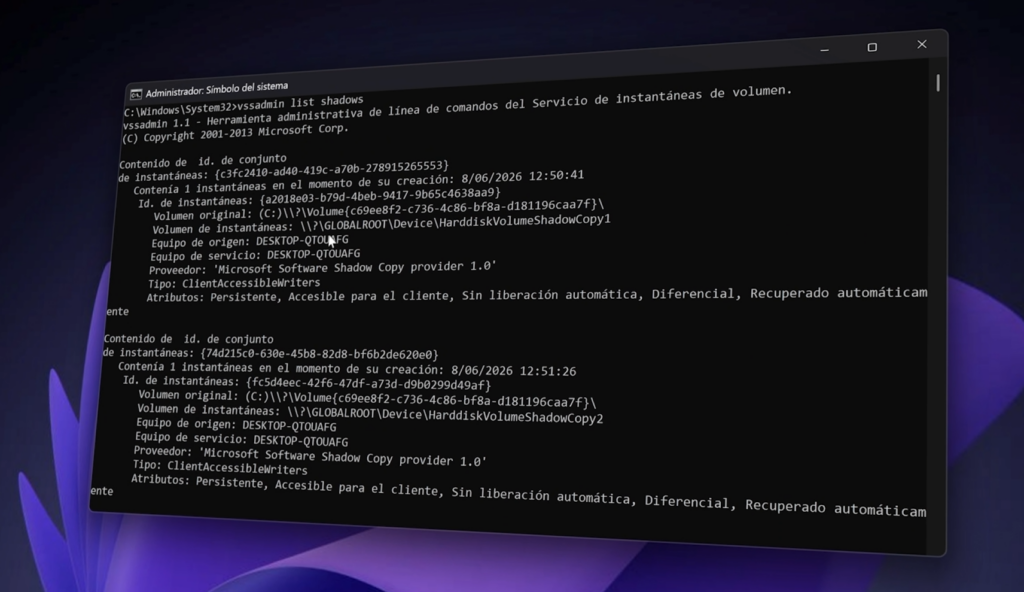 Eliminar puntos de restauración antiguos y copias Shadow