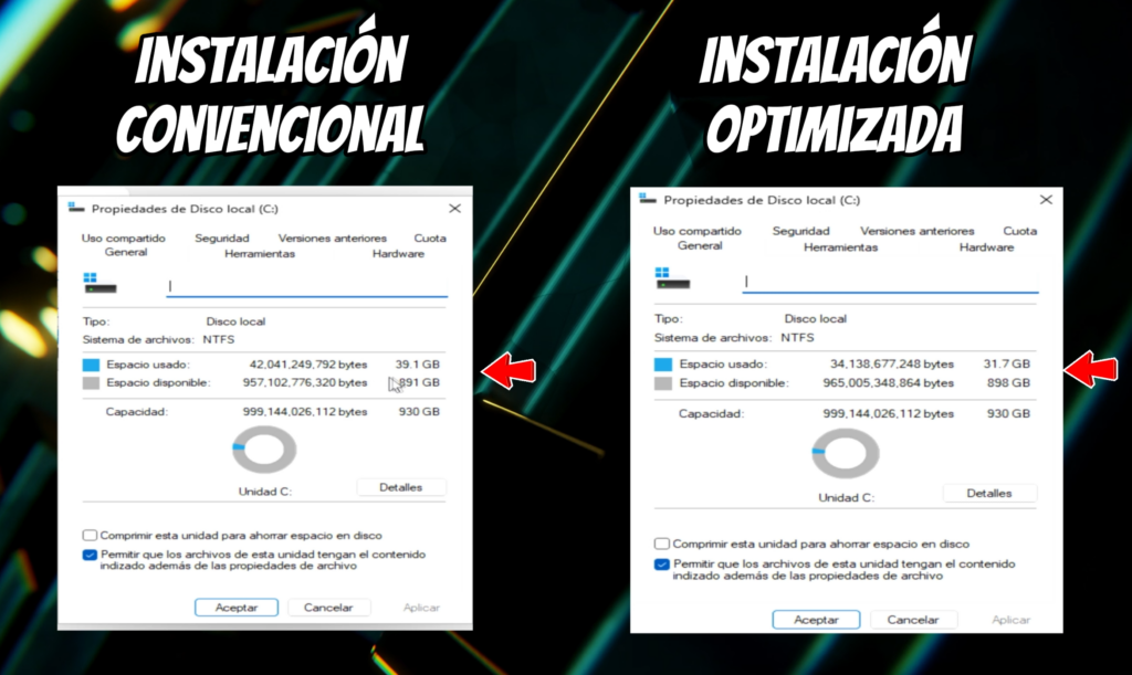 la instalación ocupa menos espacio en el disco