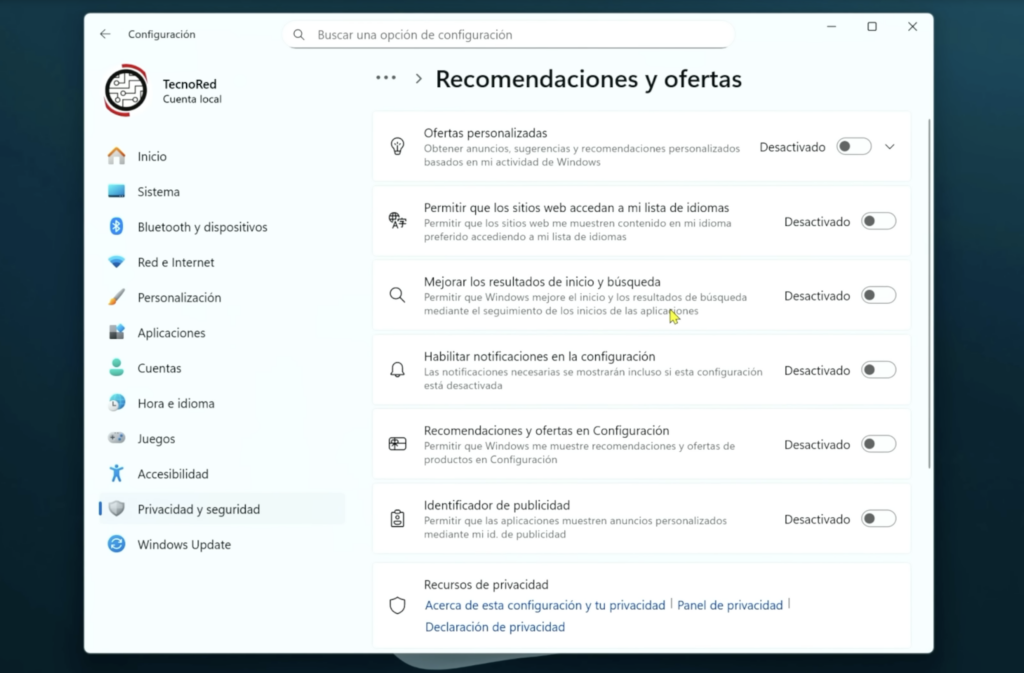 Reduce la recopilación de datos y la telemetría opcional