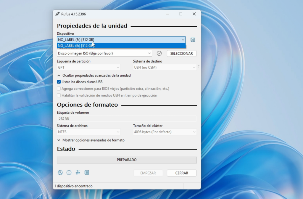 Cómo hacer que Rufus detecte el SSD externo