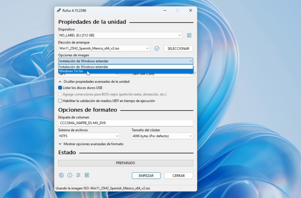 Crear Windows 11 portátil con Rufus
