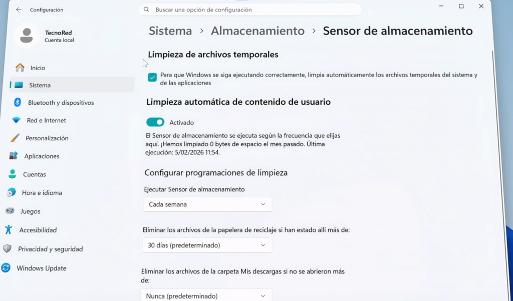 Activar el Sensor de almacenamiento