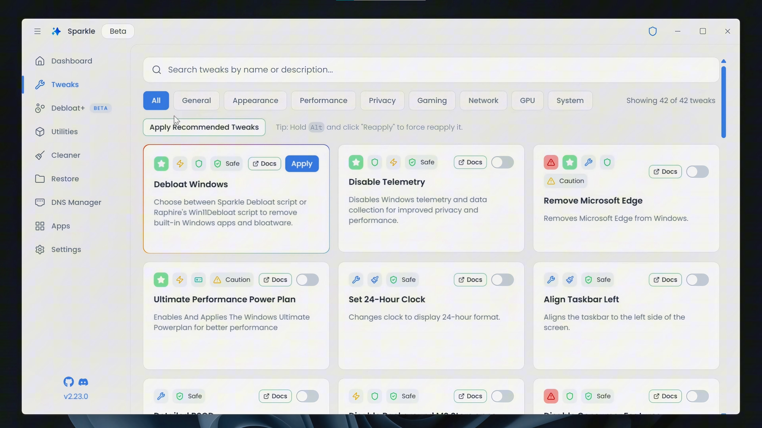 Tweaks: el centro de optimización de Sparkle