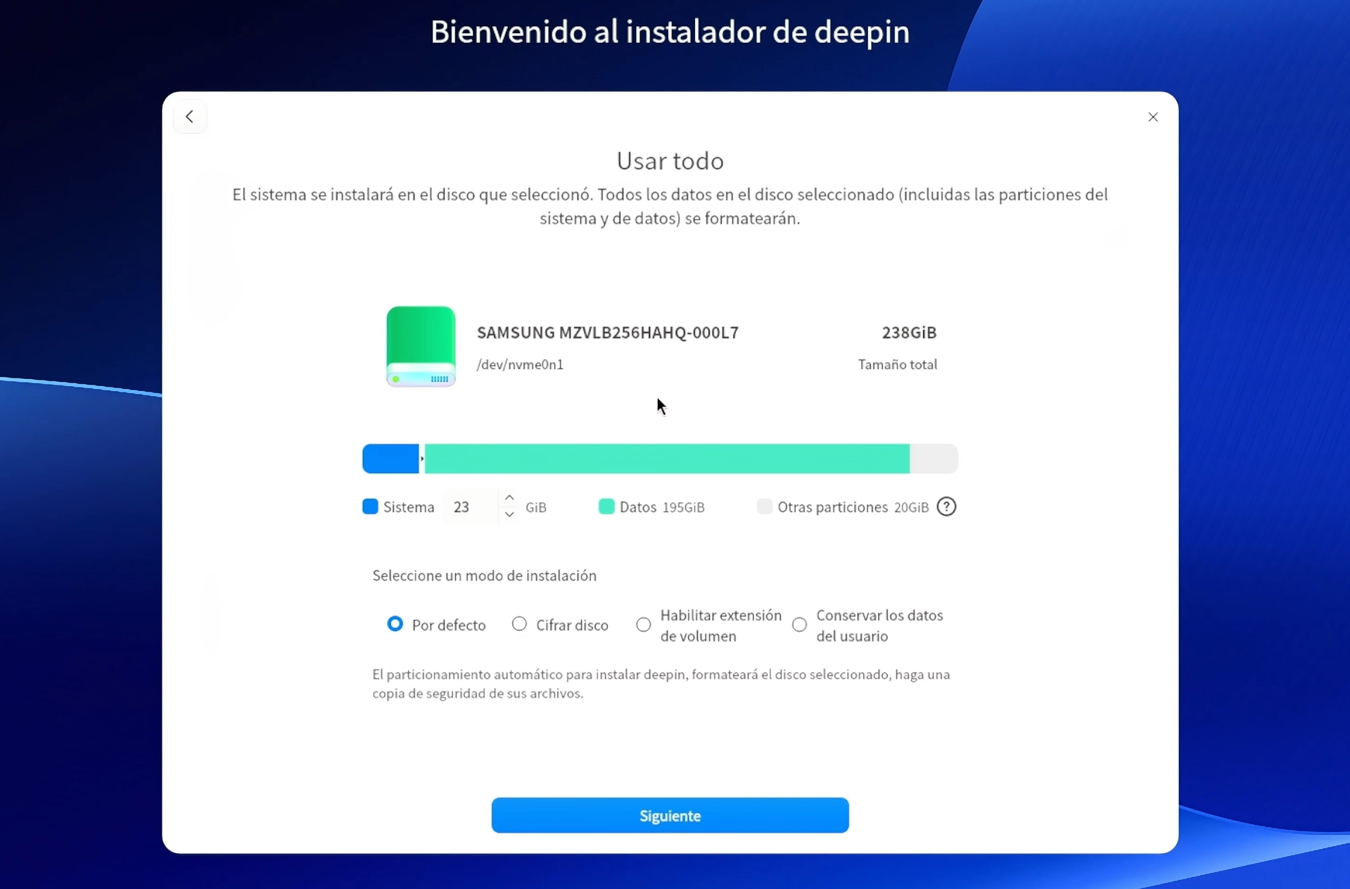 Instalar Deepin utilizando todo el disco