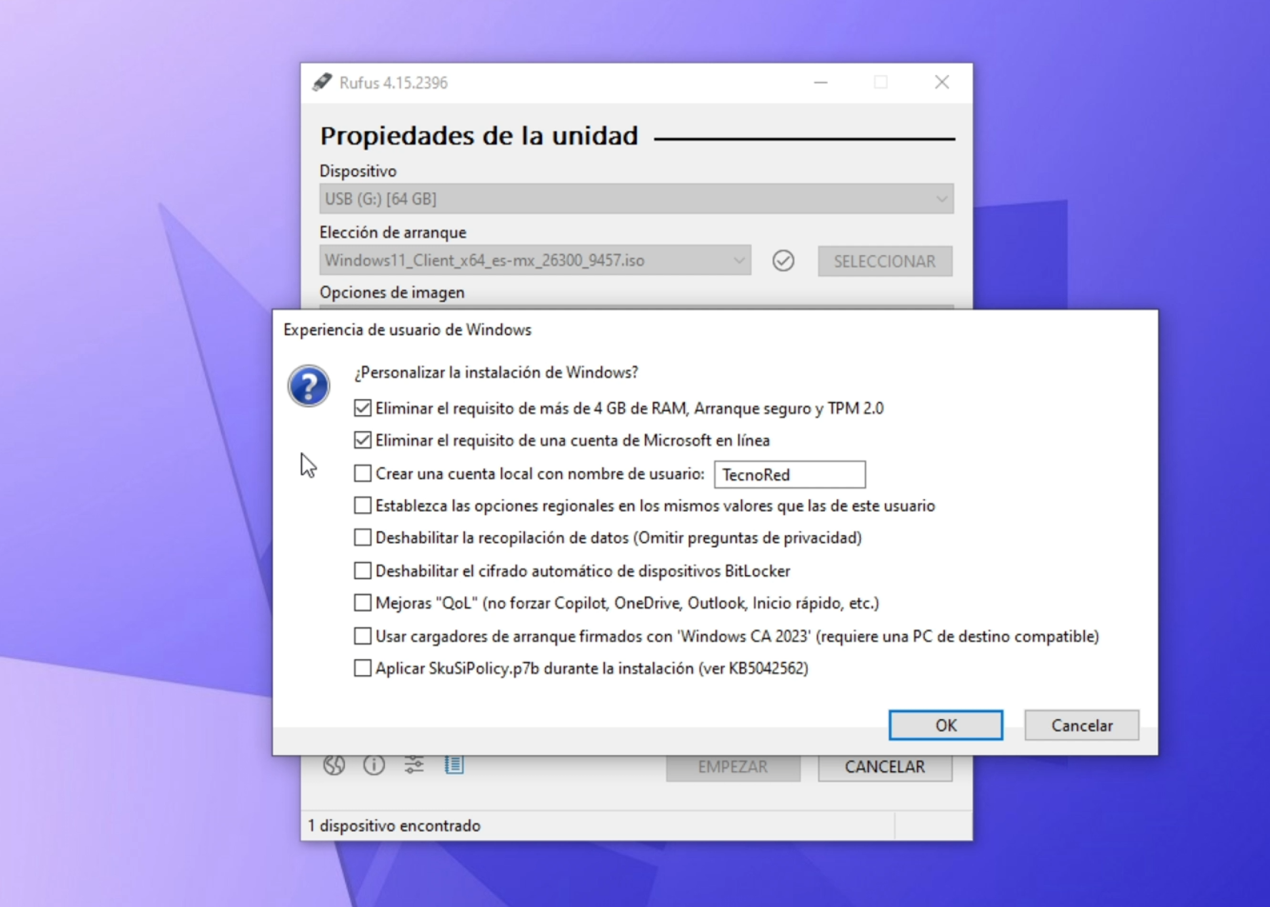 Configurar Rufus para equipos que no cumplen los requisitos de Windows 11
