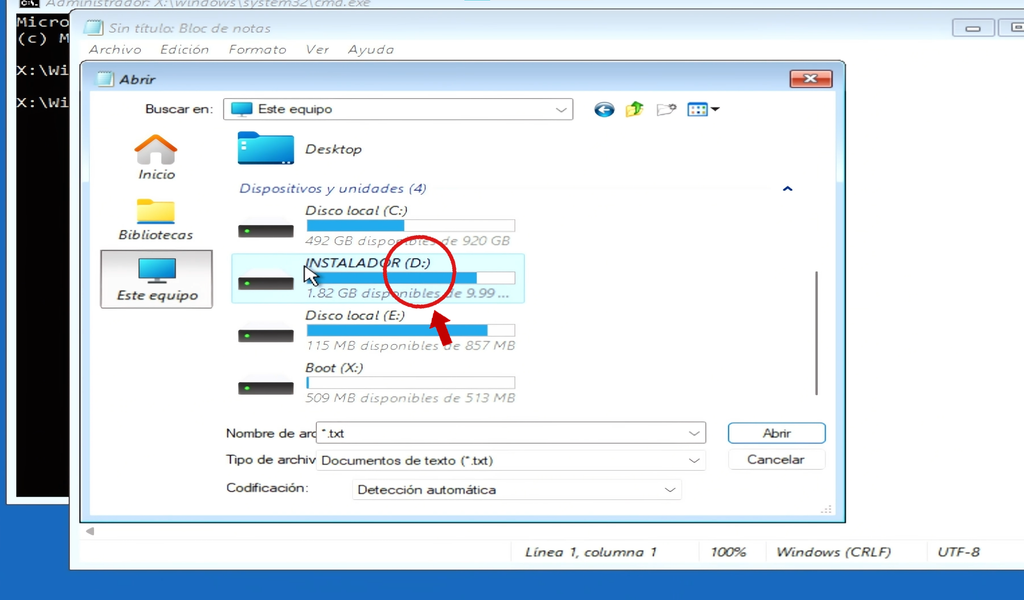 Paso 5: identificar la letra de la partición INSTALADOR