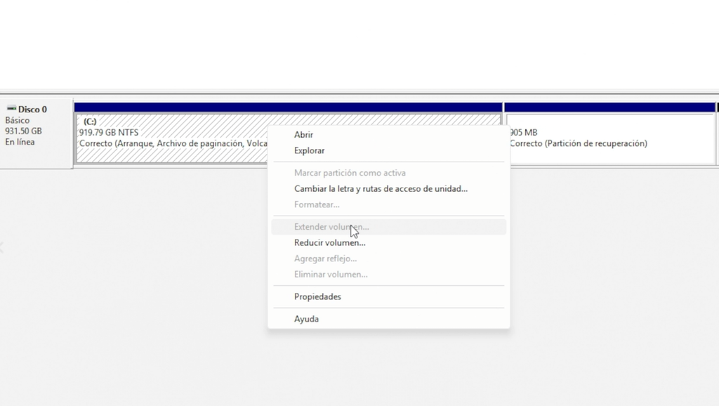 Recuperar los 10 GB cuando Extender volumen aparece deshabilitado